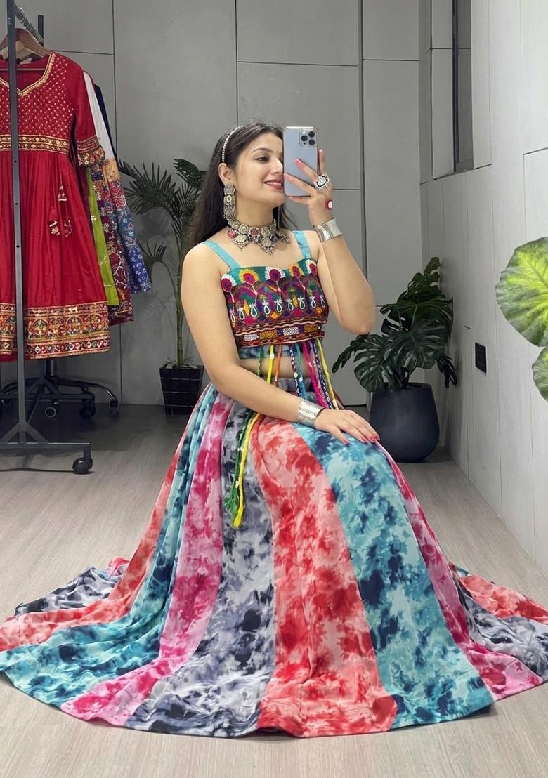 Multicolor Printed Georgette Lehenga Set - Indya