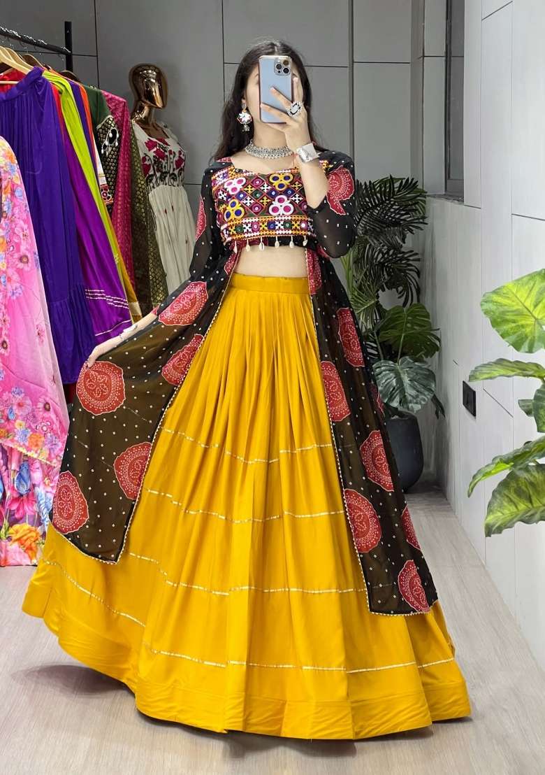 Mustard And Black Printed Cotton Lehenga Set - Indya