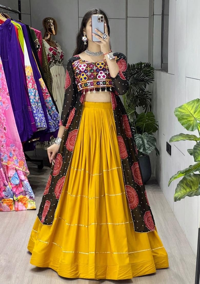 Mustard And Black Printed Cotton Lehenga Set - Indya