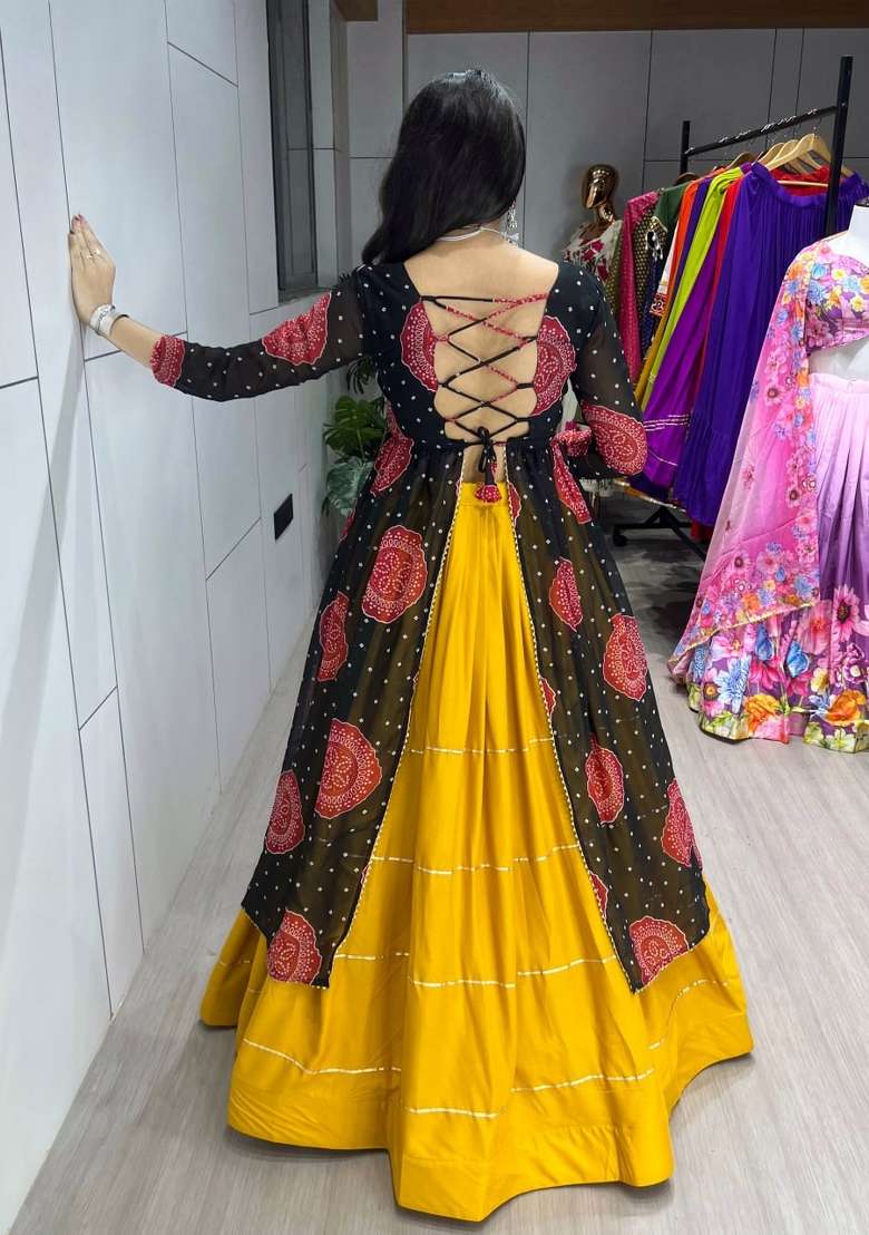Mustard And Black Printed Cotton Lehenga Set - Indya