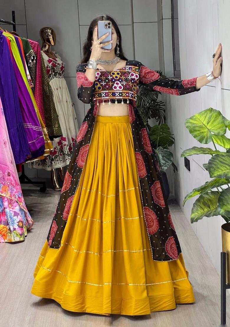 Mustard And Black Printed Cotton Lehenga Set - Indya
