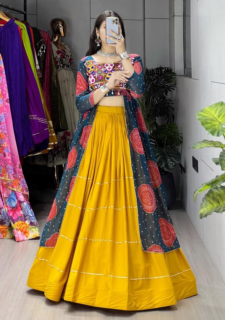 Mustard And Rama Printed Cotton Lehenga Set - Indya
