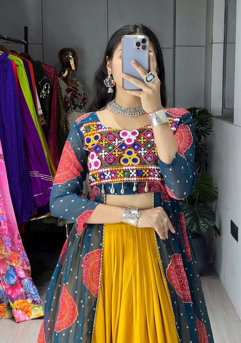 Mustard And Rama Printed Cotton Lehenga Set - Indya
