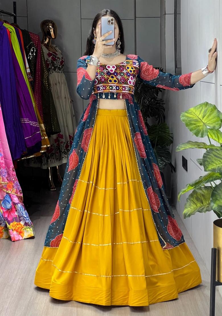 Mustard And Rama Printed Cotton Lehenga Set - Indya