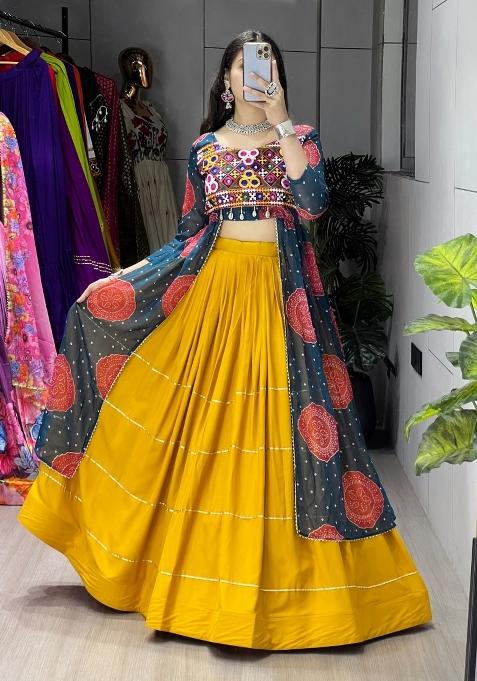 Mustard And Rama Printed Cotton Lehenga Set