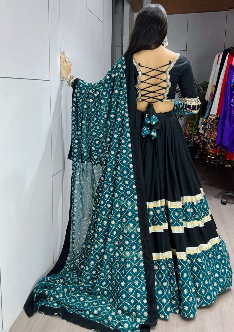 Black Embroidered Cotton Lehenga Set - Indya