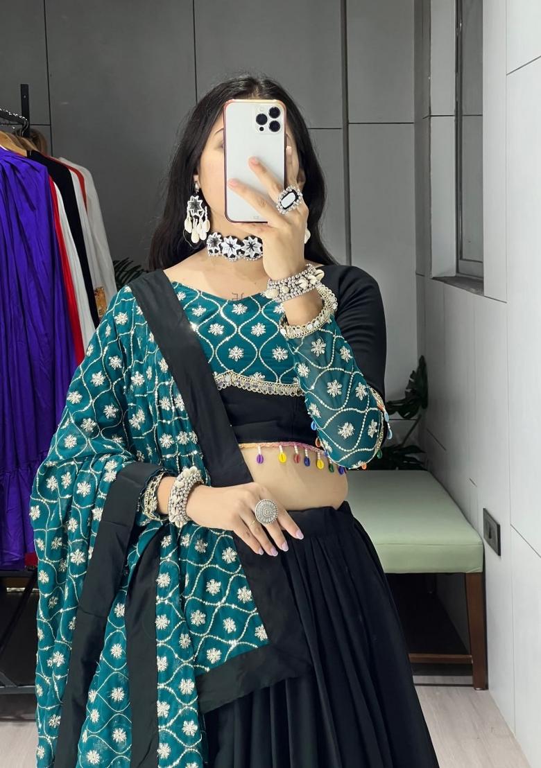 Black Embroidered Cotton Lehenga Set - Indya