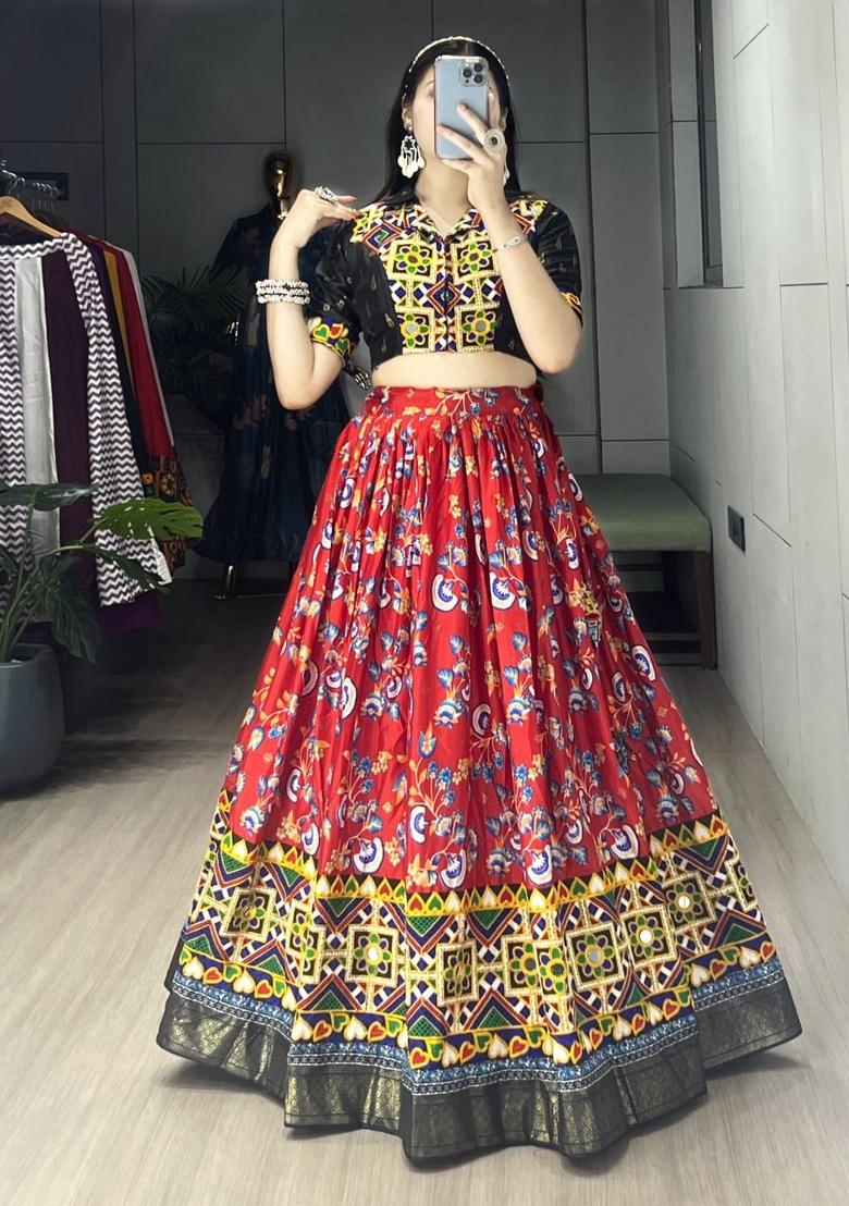 Red And Black Kutchi Work Silk Lehenga Set - Indya