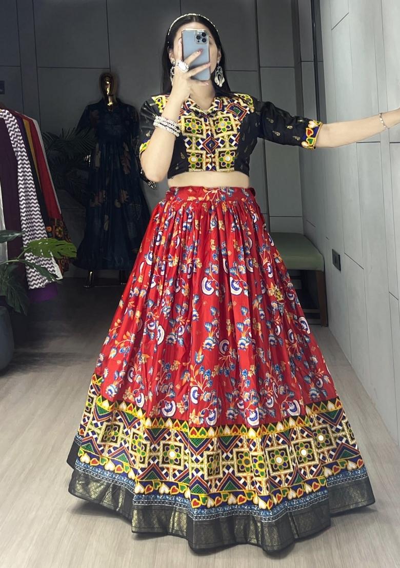 Red And Black Kutchi Work Silk Lehenga Set - Indya