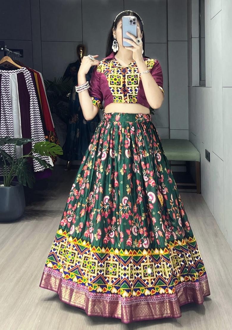 Green And Wine Kutchi Work Silk Lehenga Set - Indya