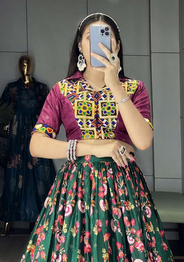 Green And Wine Kutchi Work Silk Lehenga Set - Indya