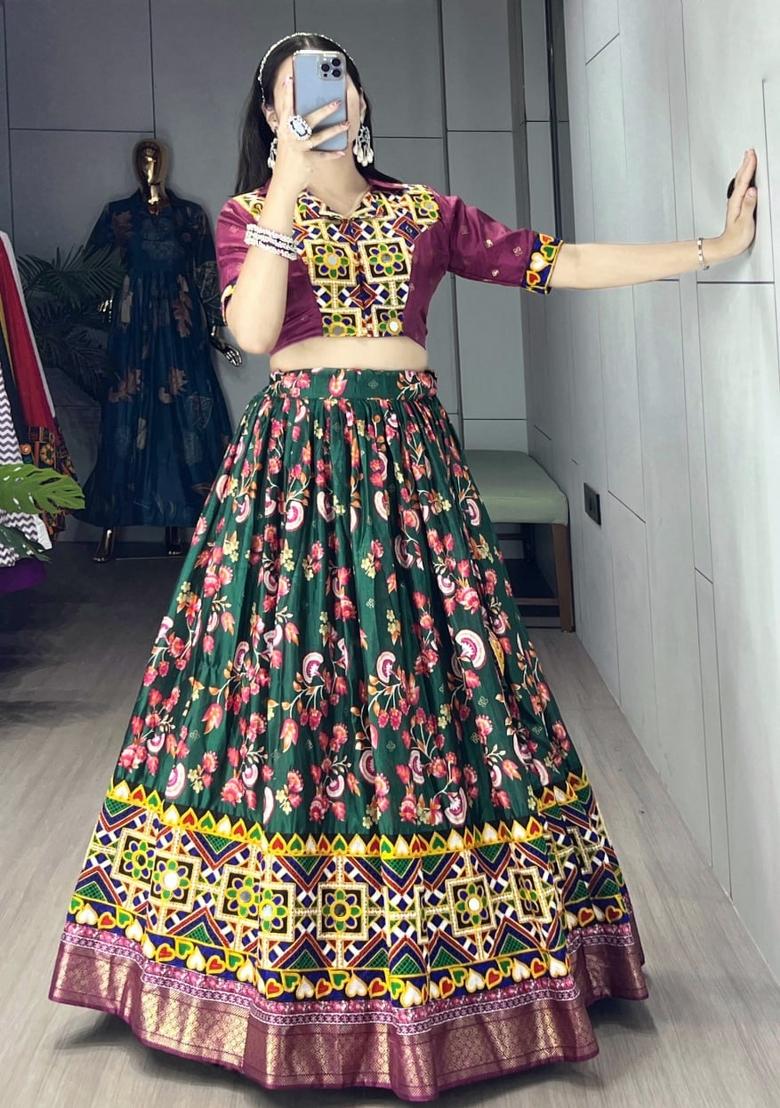 Green And Wine Kutchi Work Silk Lehenga Set - Indya