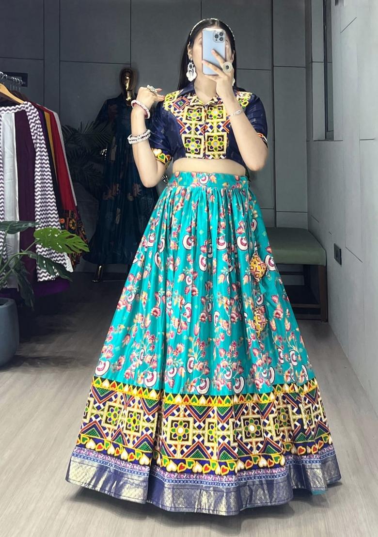 Firozi And Blue Kutchi Work Silk Lehenga Set - Indya