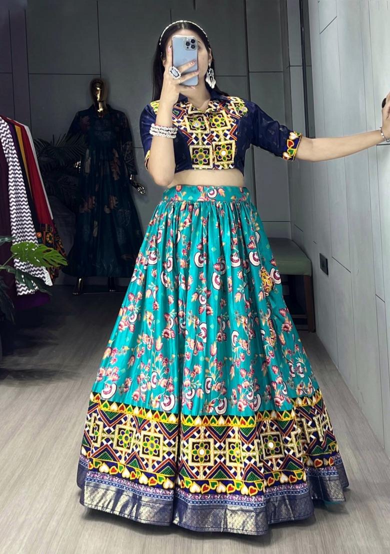 Firozi And Blue Kutchi Work Silk Lehenga Set - Indya