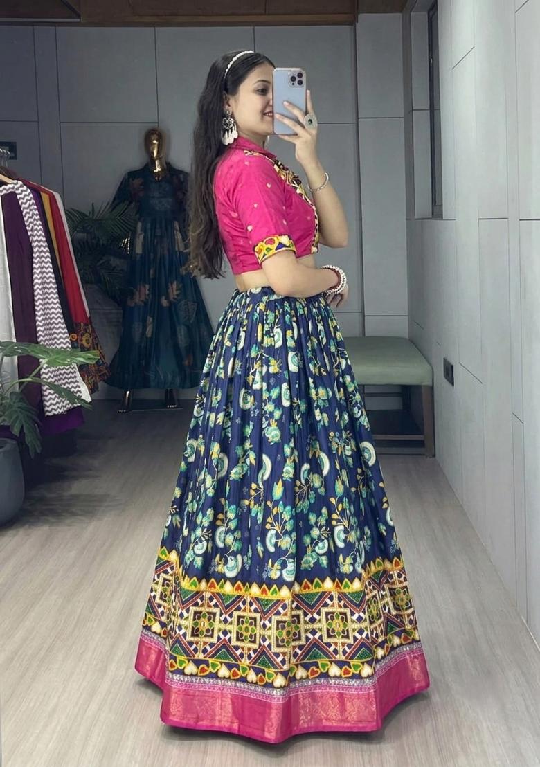 Navy Blue And Pink Kutchi Work Silk Lehenga Set - Indya