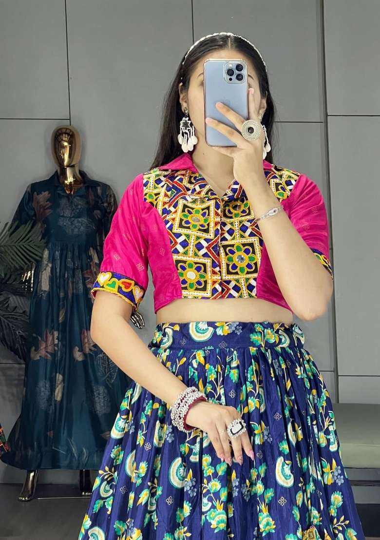 Navy Blue And Pink Kutchi Work Silk Lehenga Set - Indya