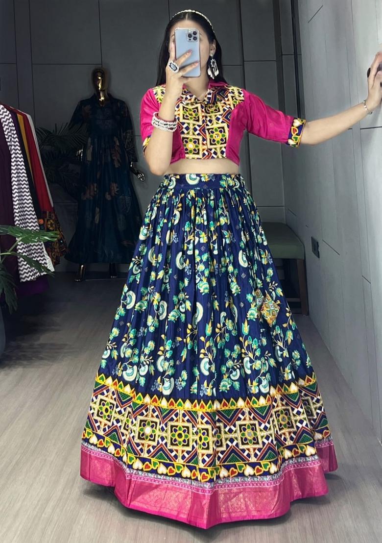 Navy Blue And Pink Kutchi Work Silk Lehenga Set - Indya