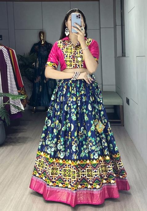 Navy Blue And Pink Kutchi Work Silk Lehenga Set