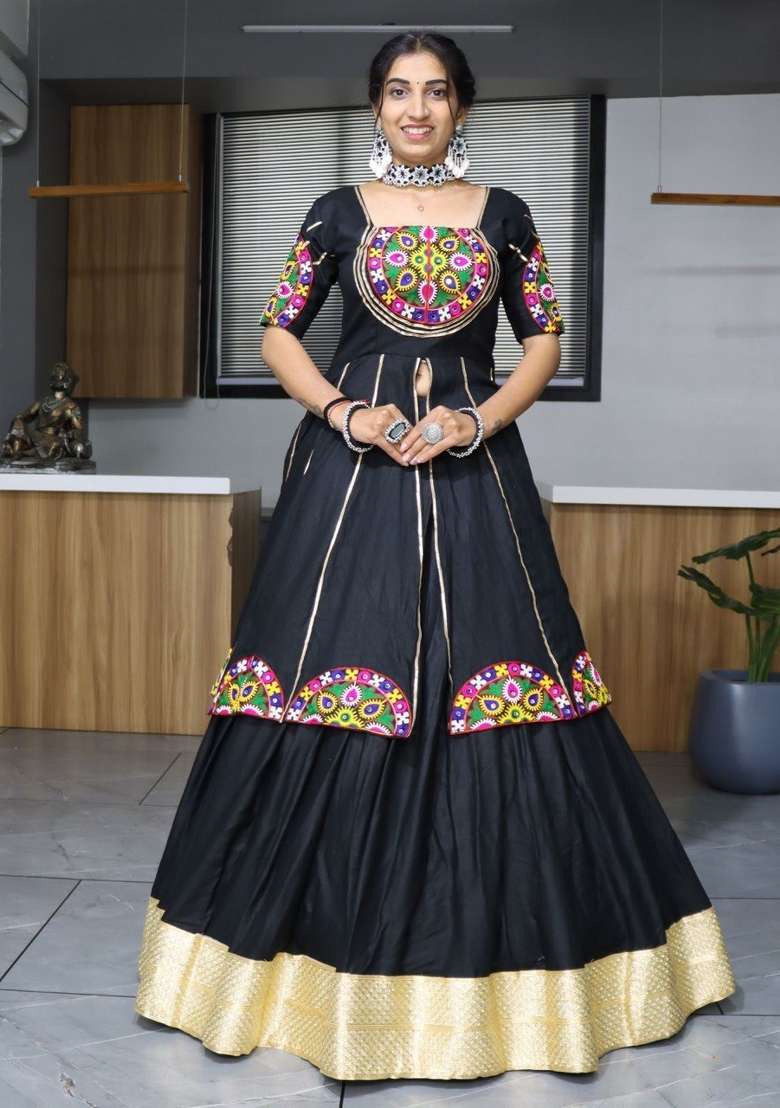 Black Mirror Work Cotton Lehenga Set - Indya