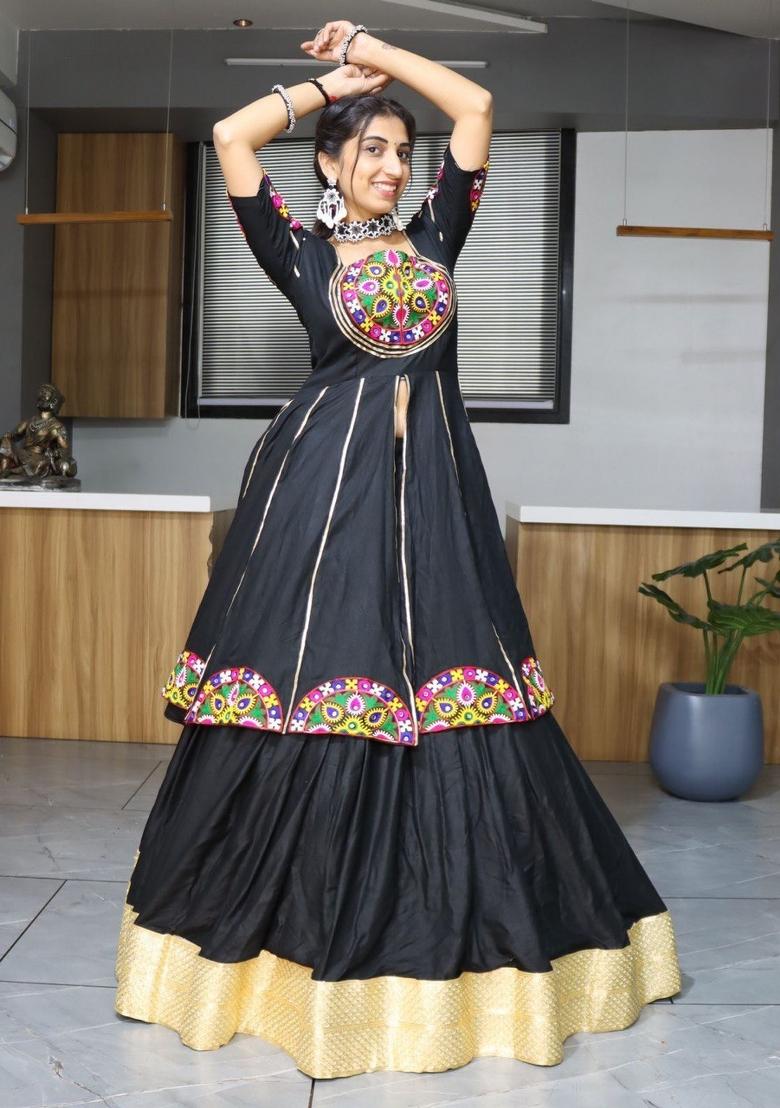 Black Mirror Work Cotton Lehenga Set - Indya