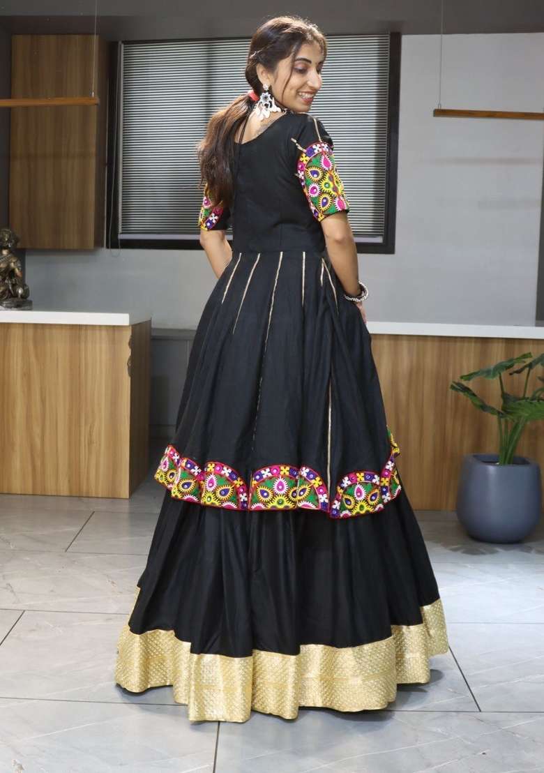 Black Mirror Work Cotton Lehenga Set - Indya