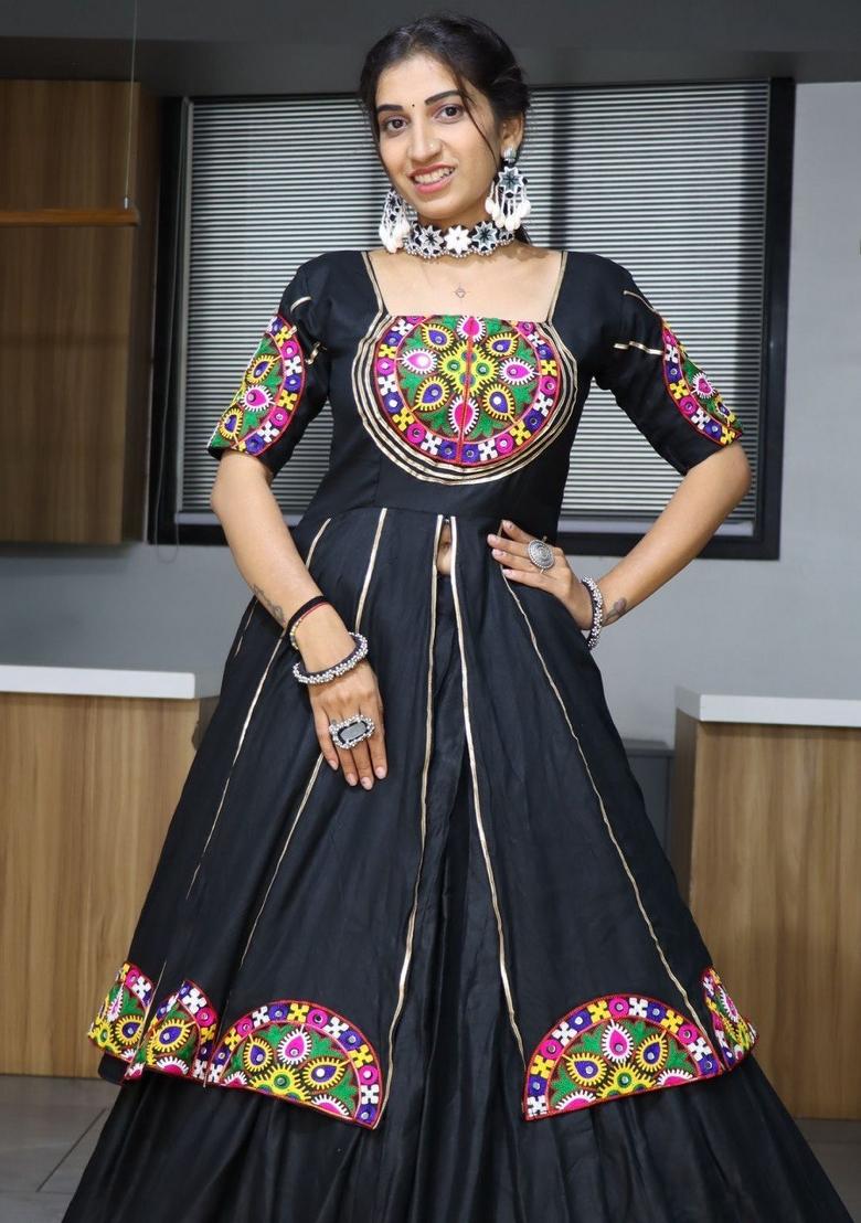 Black Mirror Work Cotton Lehenga Set - Indya