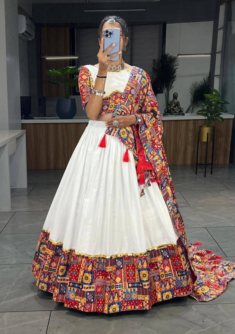 Red Foil Work Cotton Lehenga Set - Indya