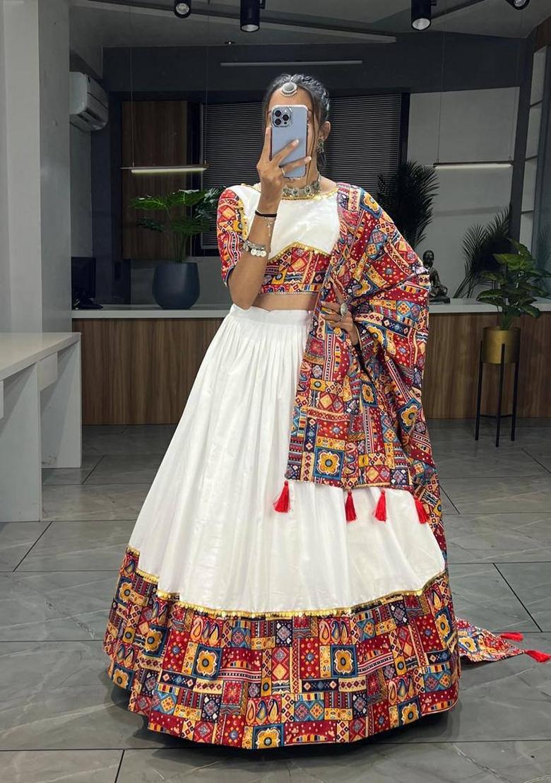 Red Foil Work Cotton Lehenga Set - Indya