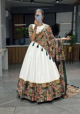 Green Foil Work Cotton Lehenga Set