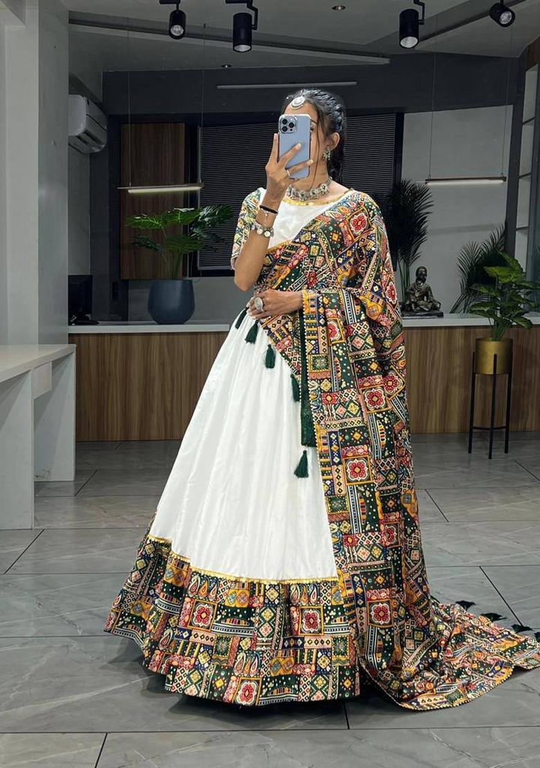 Green Foil Work Cotton Lehenga Set - Indya