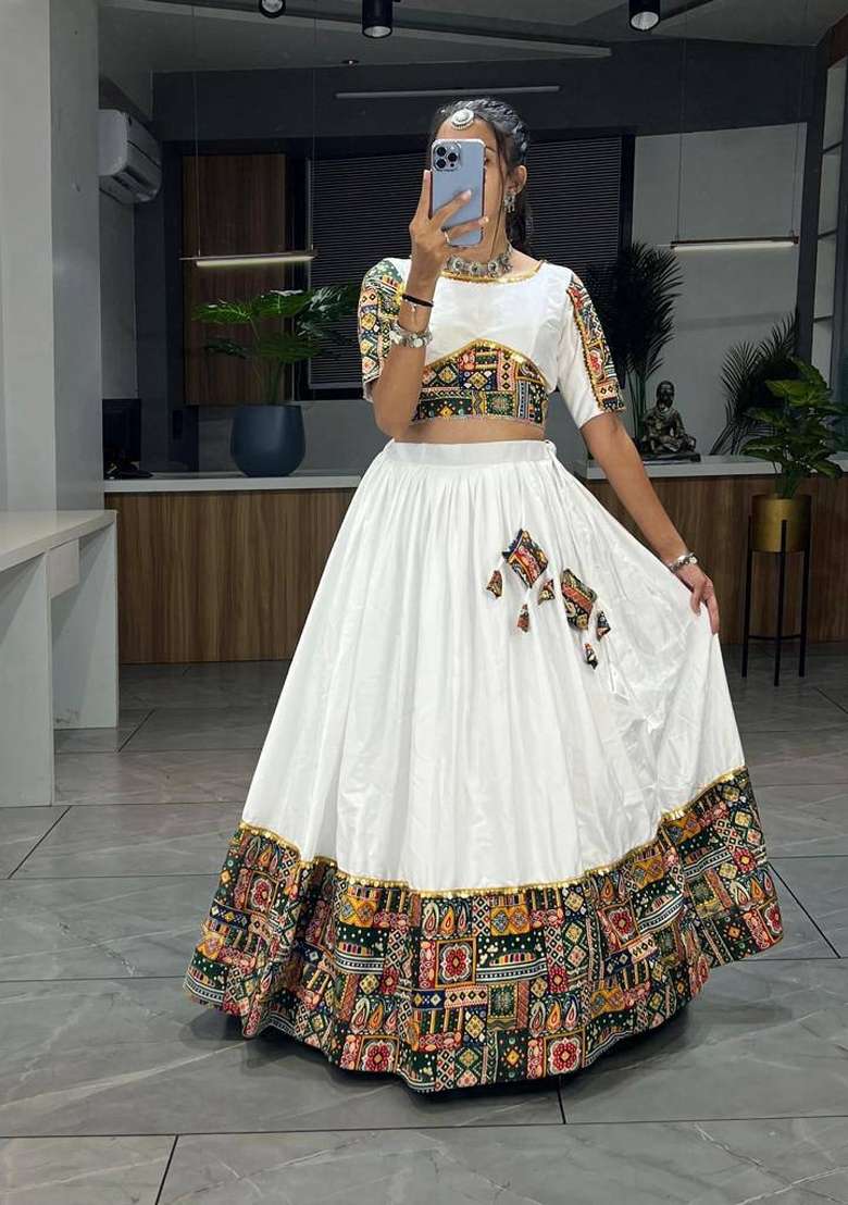 Green Foil Work Cotton Lehenga Set - Indya