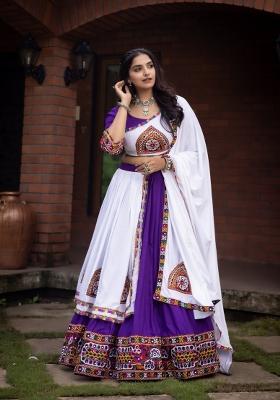 Purple And White Mirror Work Cotton Lehenga Set
