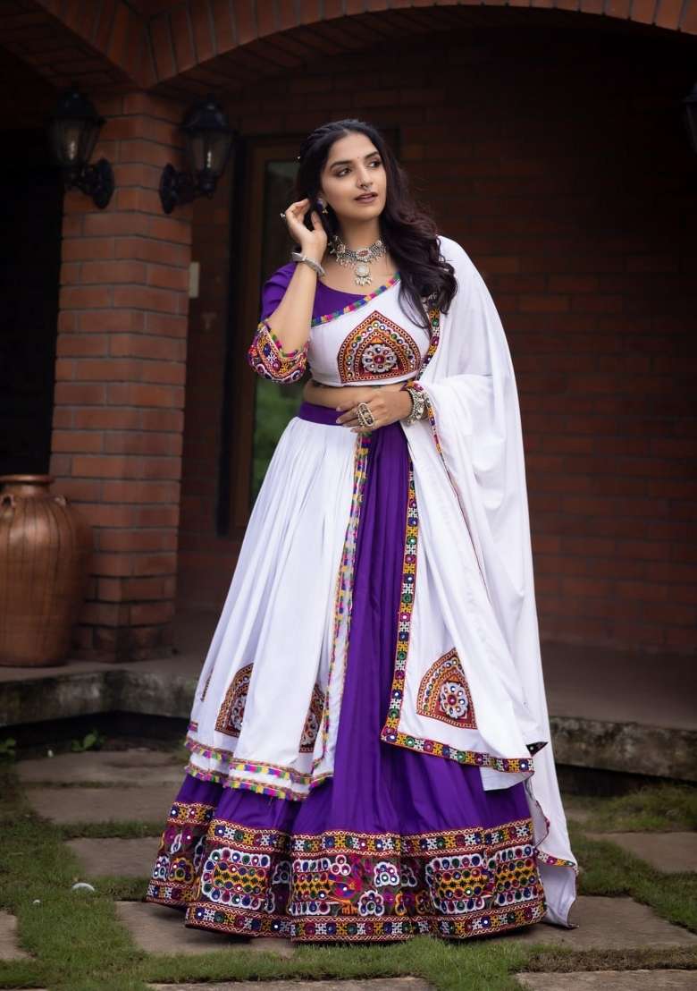 Purple And White Mirror Work Cotton Chaniya Choli Set For Navratri And Garba - Indya