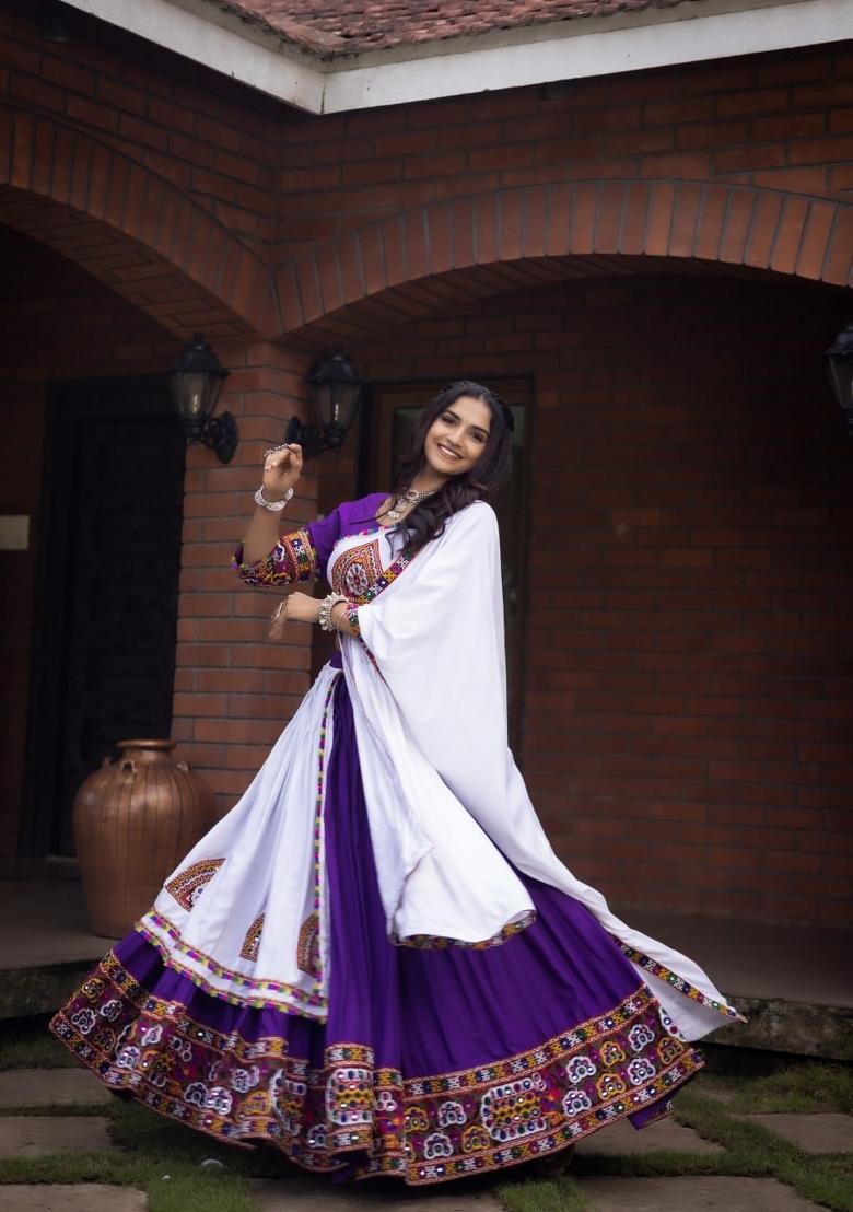 Purple And White Mirror Work Cotton Lehenga Set - Indya