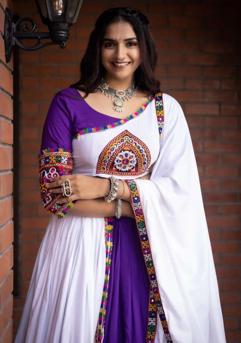Purple And White Mirror Work Cotton Chaniya Choli Set For Navratri And Garba - Indya