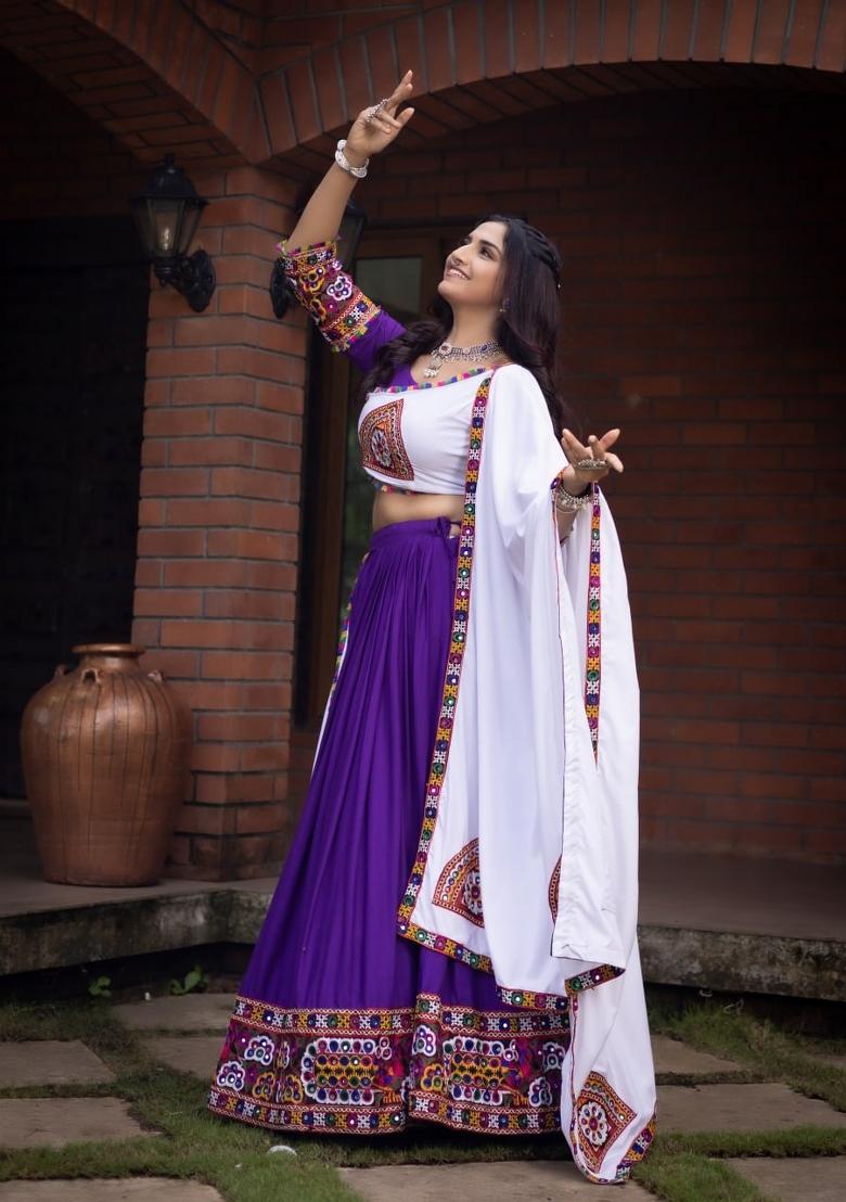 Purple And White Mirror Work Cotton Lehenga Set - Indya