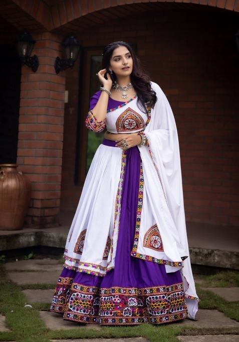 Purple And White Mirror Work Cotton Lehenga Set