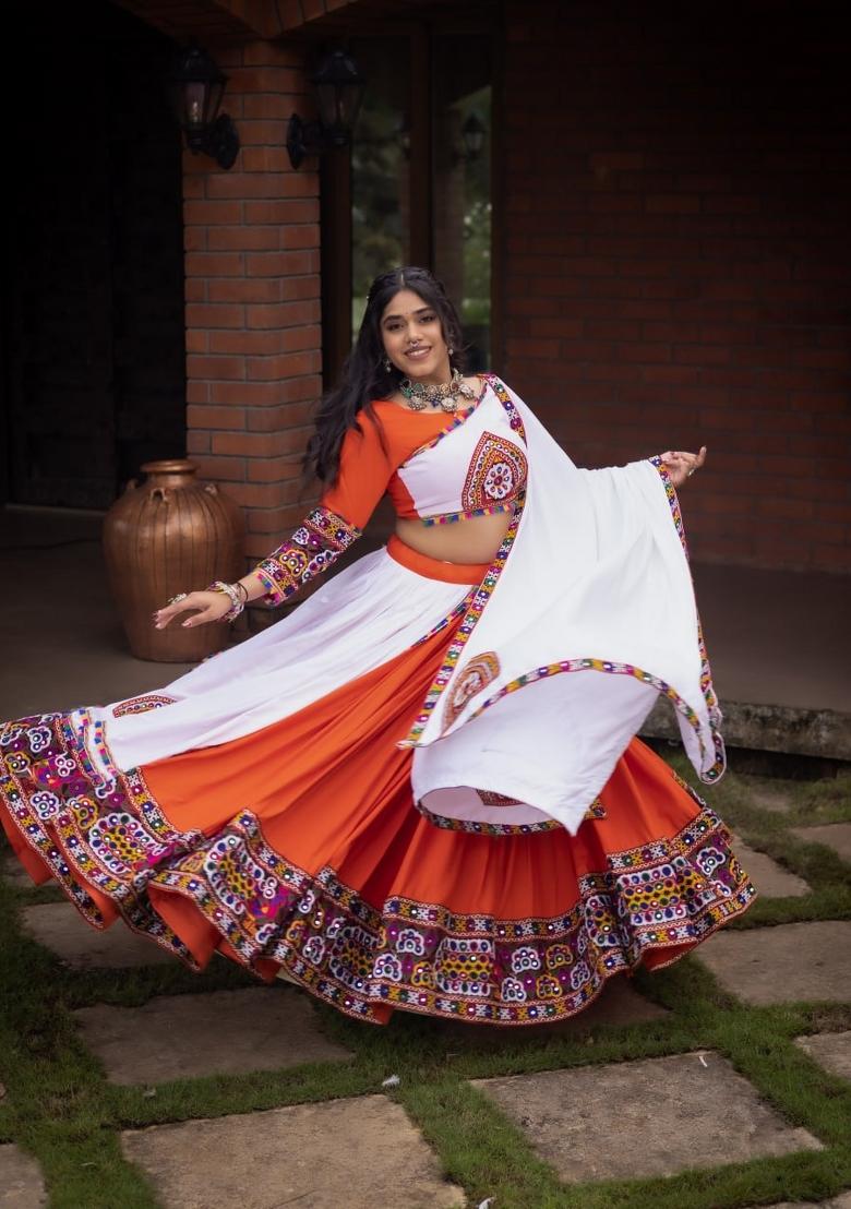 Orange And White Mirror Work Cotton Lehenga Set - Indya