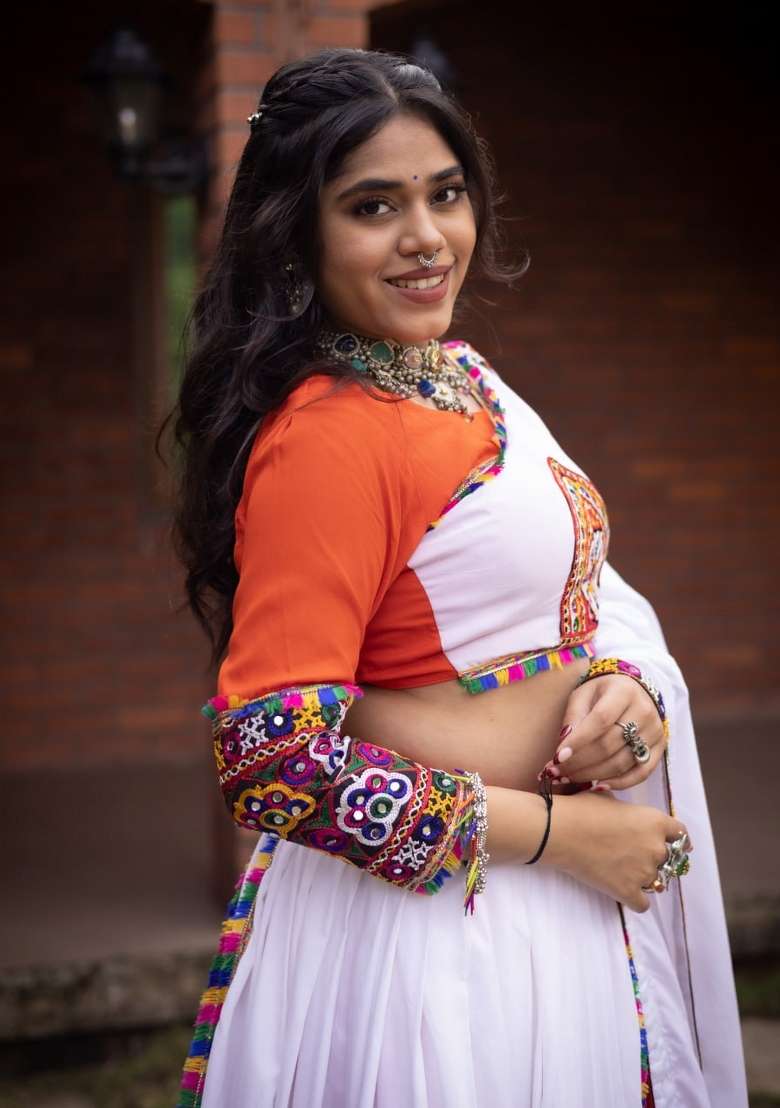 Orange And White Mirror Work Cotton Chaniya Choli Set For Navratri And Garba - Indya