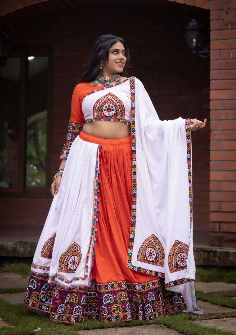 Orange And White Mirror Work Cotton Lehenga Set - Indya
