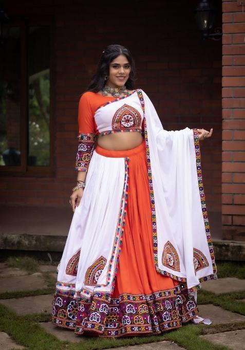 Orange And White Mirror Work Cotton Lehenga Set