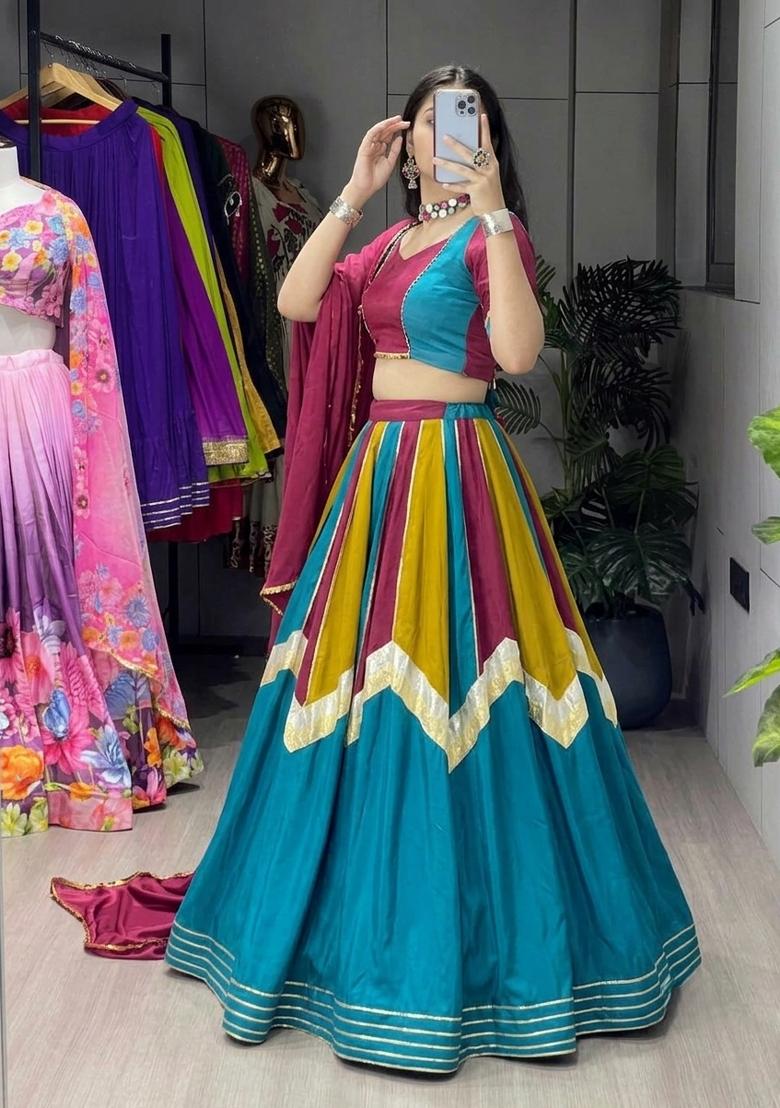 Multicolor Kali Work Chinon Lehenga Set - Indya