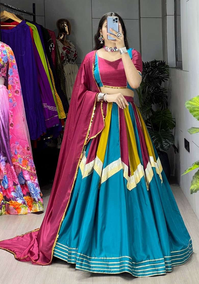Multicolor Kali Work Chinon Lehenga Set - Indya