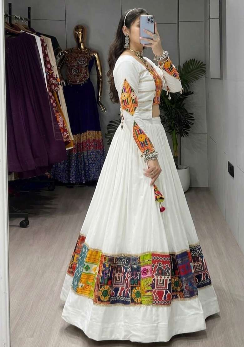 White Kutchi Work Cotton Lehenga Set - Indya