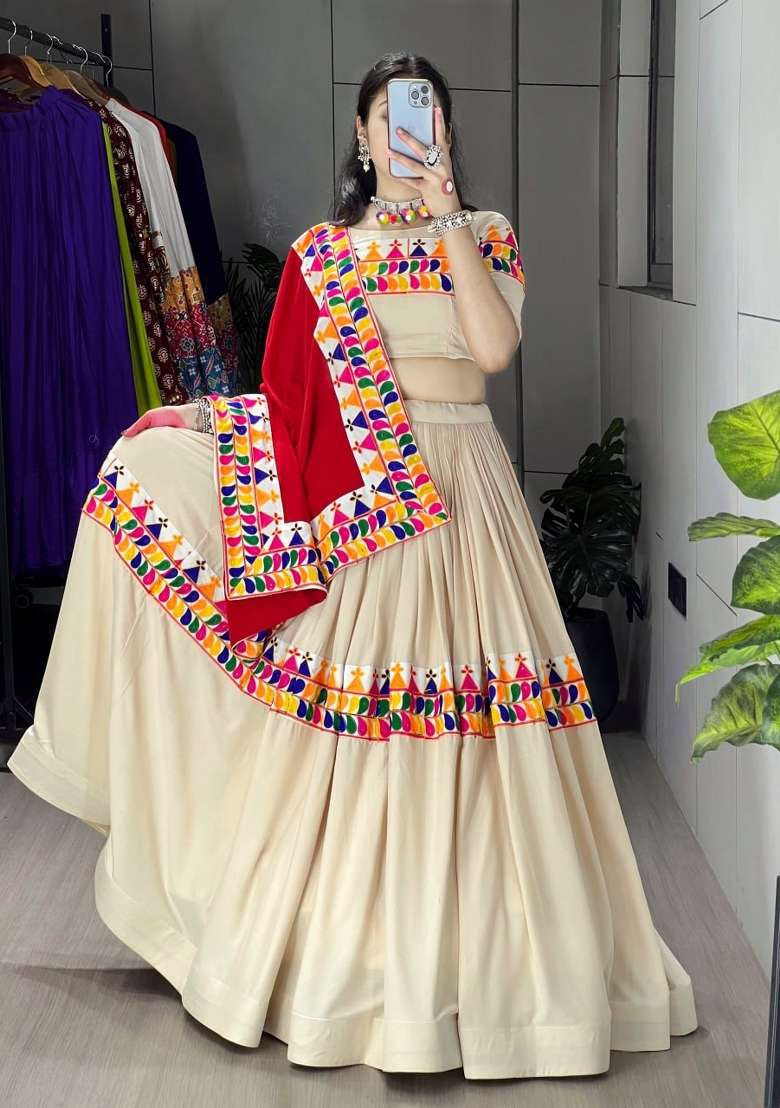Cream Gamthi Work Cotton Lehenga Set - Indya