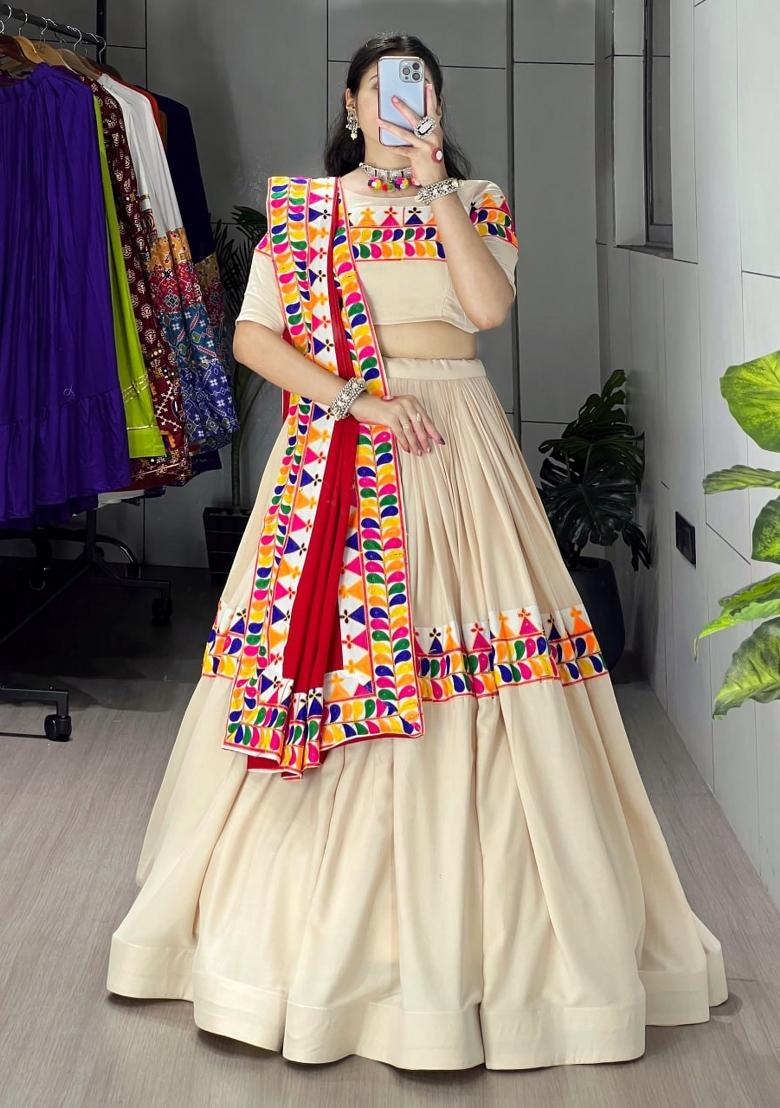 Cream Gamthi Work Cotton Lehenga Set - Indya