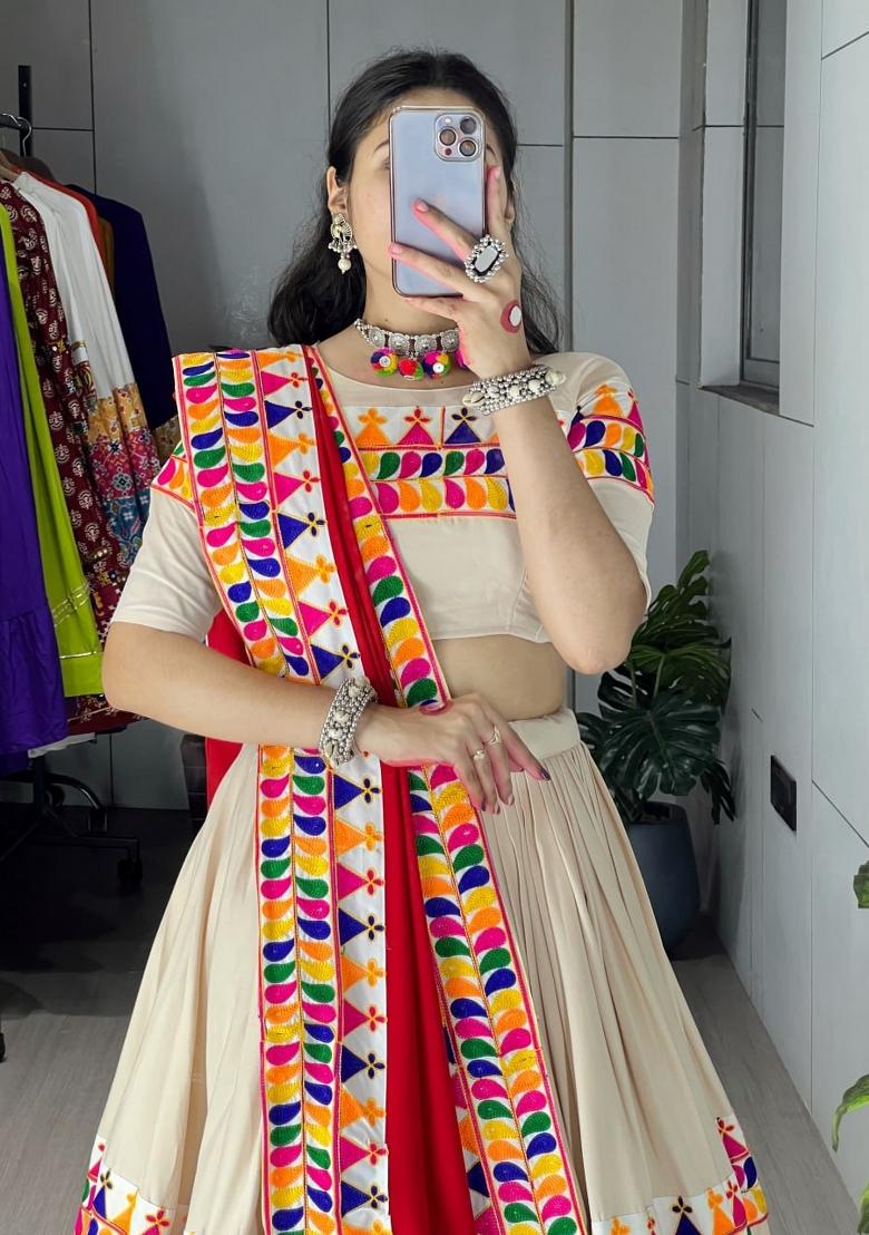 Cream Gamthi Work Cotton Lehenga Set - Indya