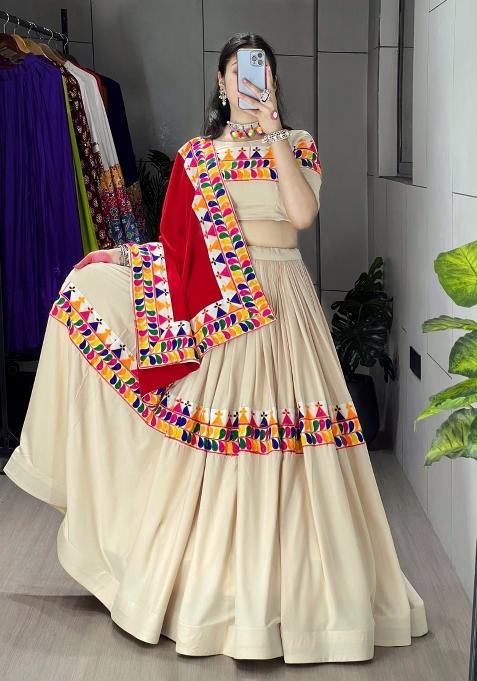 Cream Gamthi Work Cotton Lehenga Set