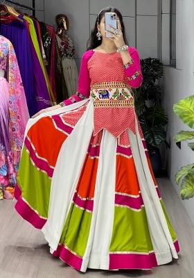 White And Pink Gamthi Work Cotton Lehenga Set