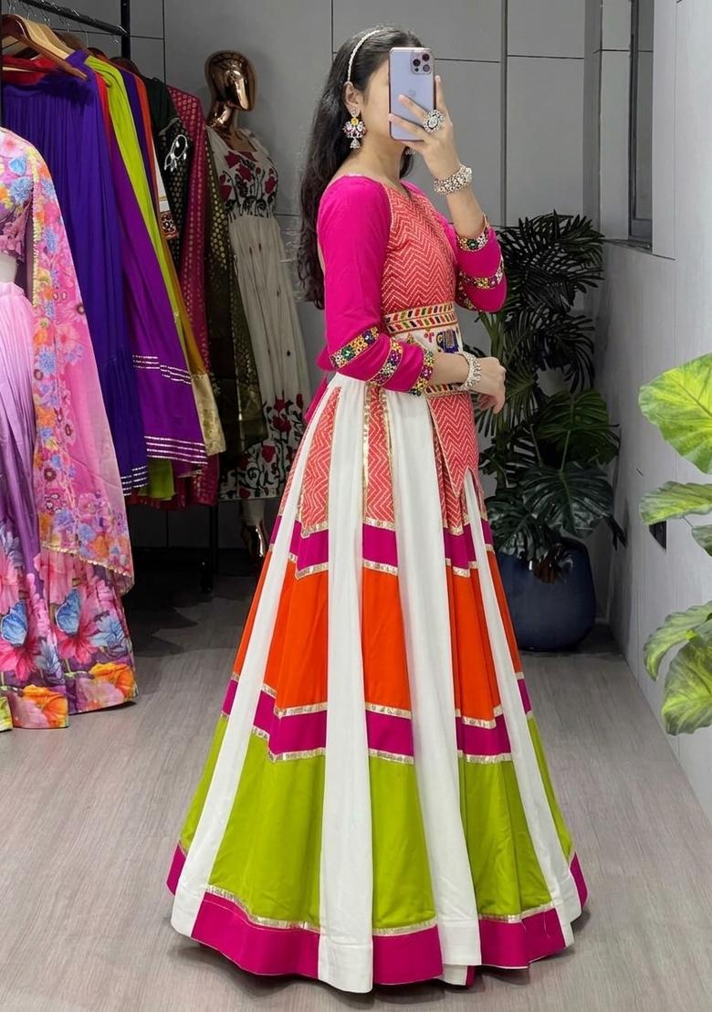 White And Pink Gamthi Work Cotton Lehenga Set - Indya